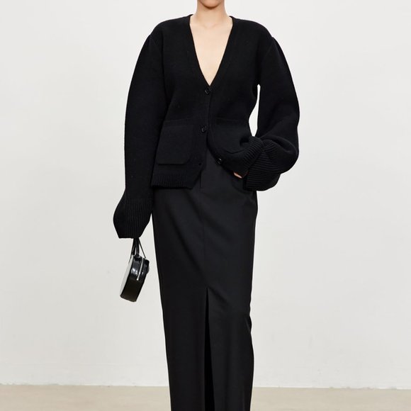 CHICJOC Scarlet Style Cashmere Cardigan Deep V-neck black size 38 - Picture 3 of 15